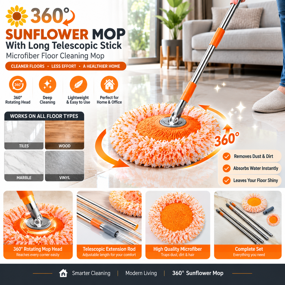 360 Degree Sunflower Mop With Long Telescopic Stick Microfiber Floor Cleaning Mop